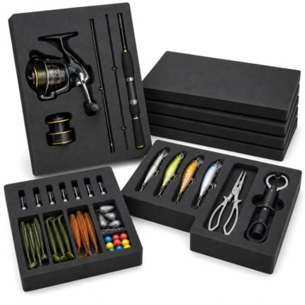 Custom EVA foam inserts for fishing gear with fitted compartments for organized equipment storage